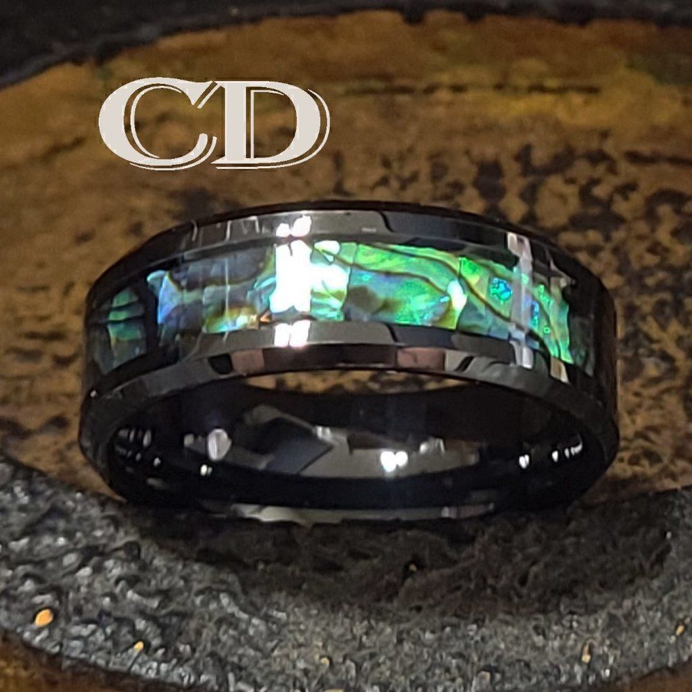 Men's Real Black Tungsten Promise Ring With Abalone Shell Inlay